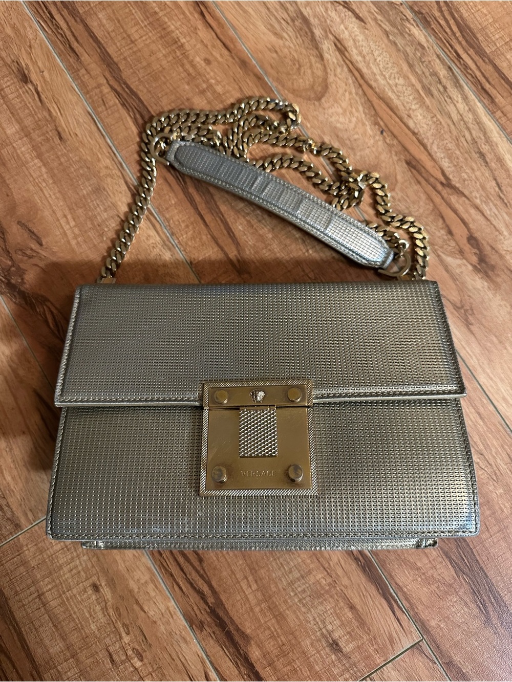 Versace Light Gold Textured Leather Diamante Flap Shoulder Bag